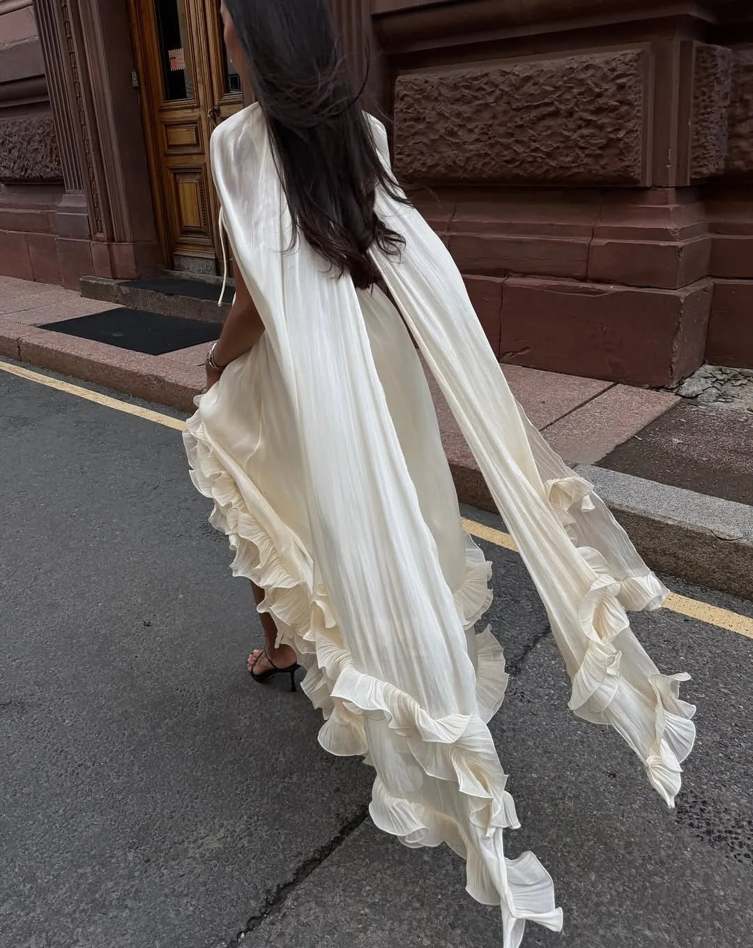 Women Solid Ruffle  Maxi Dress Fashion Lapel V-neck Sleeveless Pleated High Waist Chic Dresses 2026 Summer Lady Vacation Robes