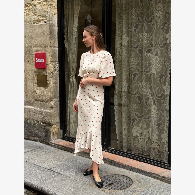Pink Floral Print Slim Fit Dress Women Chic V-neck Ruffle Trim Flare Full Sleeves Ruched Slit Long Dresses Lady Elegant Wear New
