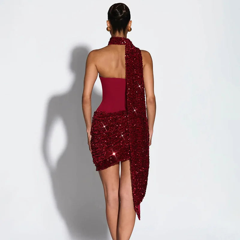 Women Slim Sexy Pleated Bodycon Dress Sequin Backless Spaghetti Strap Mini Summer Dresses 2026 Lady Evening Nightclub Party Gown