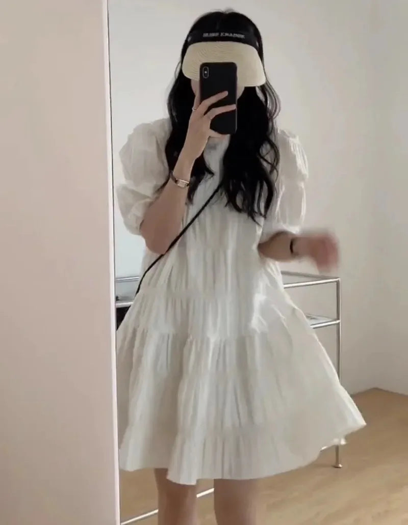 Fashion French Pleaded Dress for Women Elegant Casual Loose Short Sleeve Summer Dress Office Lady Party Dresses Robe New 27992