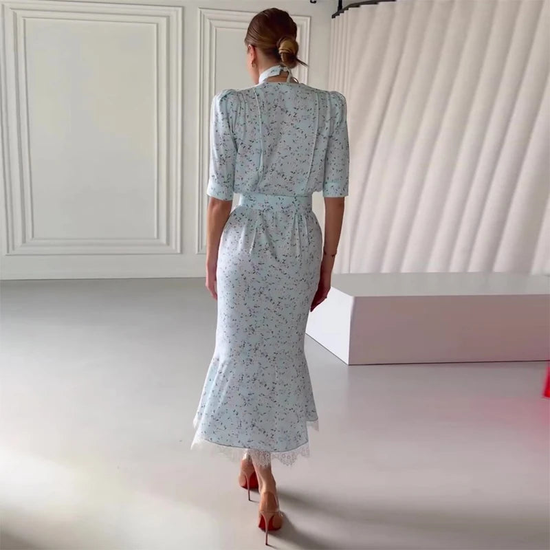 Pink Floral Print Slim Fit Dress Women Chic V-neck Ruffle Trim Flare Full Sleeves Ruched Slit Long Dresses Lady Elegant Wear New