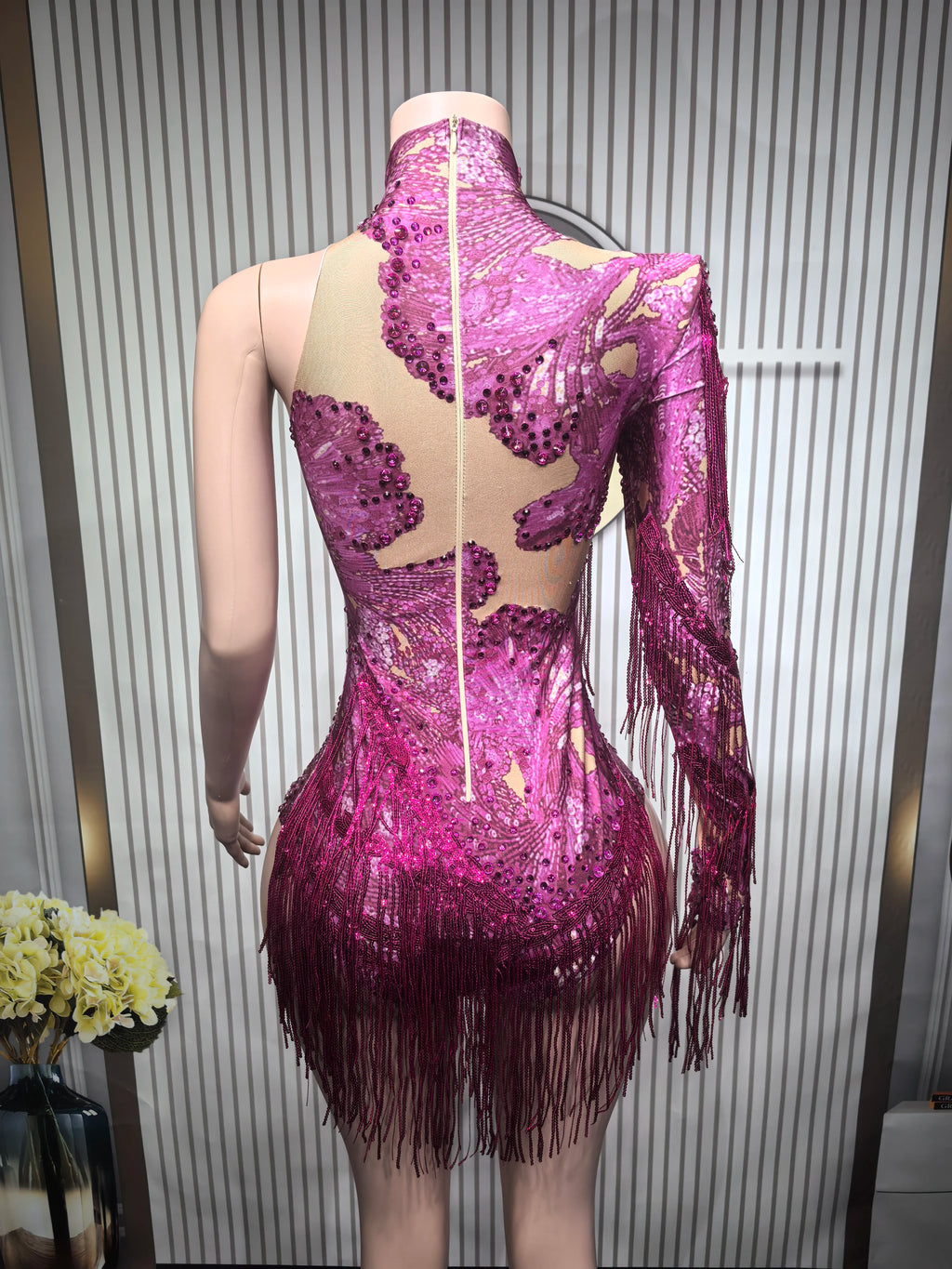 Sexy Elastic Rhinestone Tassel Party Bodysuit OutfiSet Women Nightclub Prom Crystal Fringe LeotardDance Stage Wear Nainiang Q025