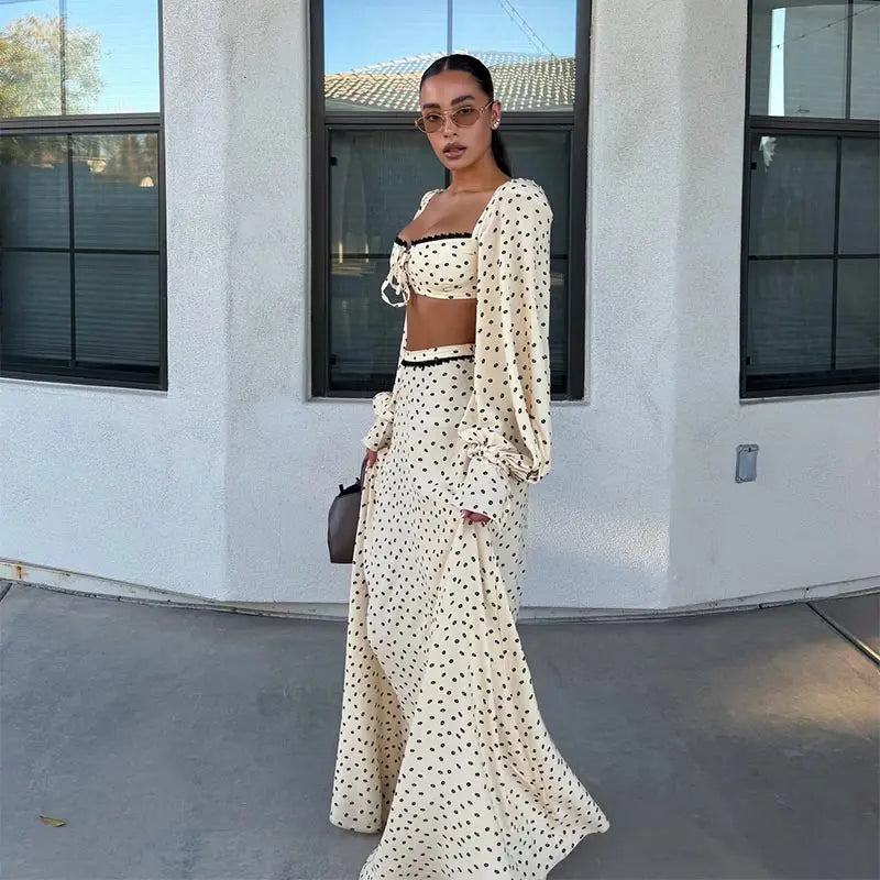 Sexy Polka Dot Cropped Top Long Skirt Women Lantern Sleeve Slash Neck Lace Up Top Maxi Skirts 2026 Summer Lady Beach Outfits