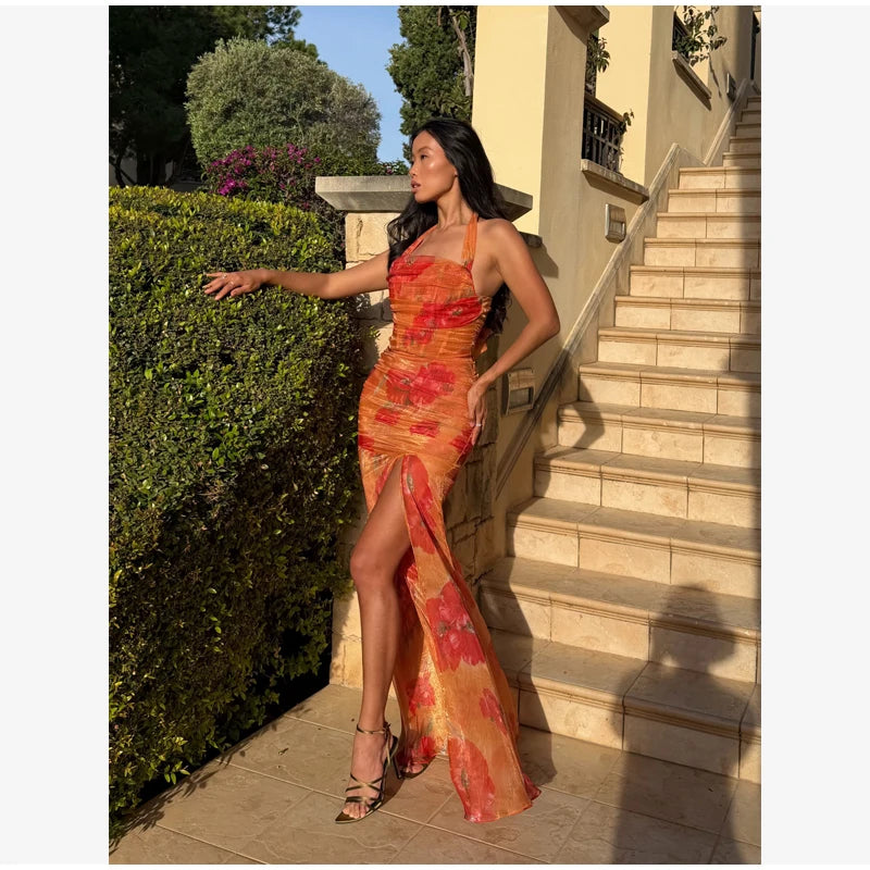 Flutter Sleeves Pleated Long Dress Women Chic Deep V-neck Floral Print Sexy Waist Cinching Vestidos Lady Holiday Street Dresses