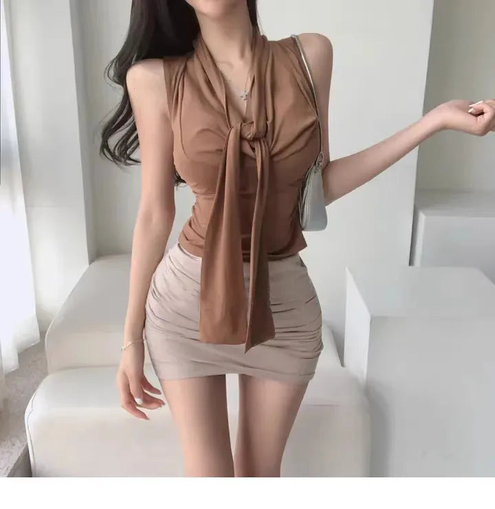 Dongda Gate Pure Desire Sexy Woman Flavor Sleeveless T-shirt Upper Body with Sash Ladylike Temperament Commuter Style Regular...