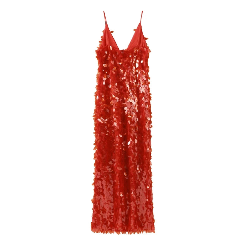 Fashion Sequined V Neck Sling Dress Women Evening Party Sleeveless Backless High Waist Maxi Dresses 2024 New Christmas Gown Robe