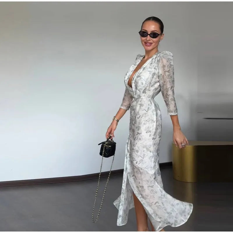 Elegant Printed Women's Dress Organza Deep V-neck Half Sleeved Waist Cinched Pleated Dresses 2026 Summer Lady Holiday Party Robe