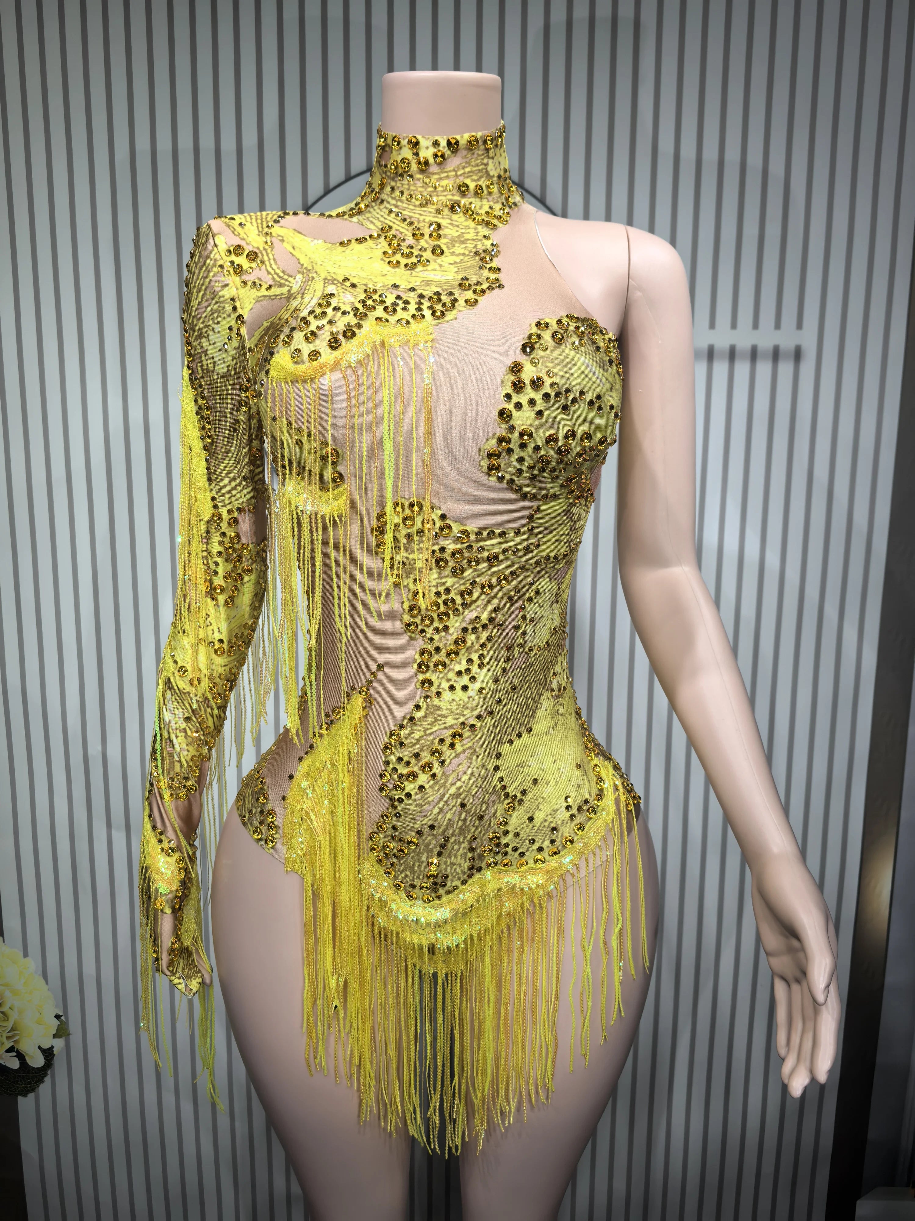 Sexy Elastic Rhinestone Tassel Party Bodysuit OutfiSet Women Nightclub Prom Crystal Fringe LeotardDance Stage Wear Nainiang Q025