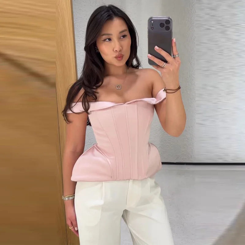 Sexy Women's Top Off Shoulder Slim Fish Bone A-line Hem Solid Female Corset 2026 Summer Fashion Chic Elegant Party Lady Outwear
