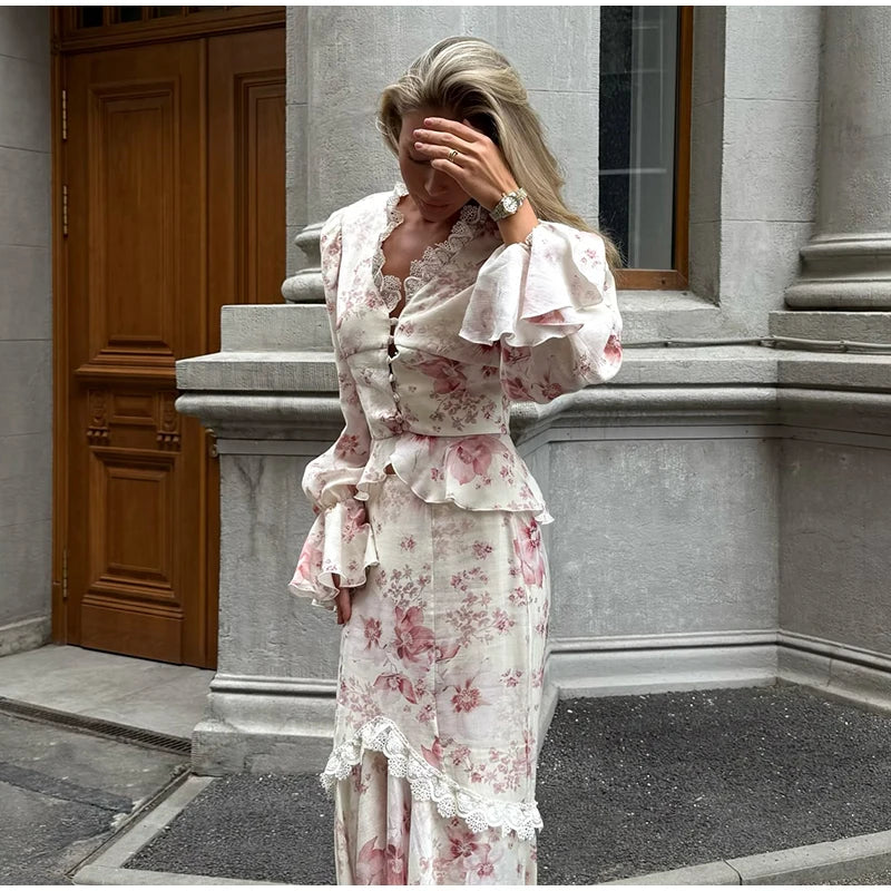 Floral Print V-Neck Flare Sleeve Mermaid Set Waist Cinched Ruffle Hem 2026 Summer Party Women Gown Retro Elegant Lady Vestido