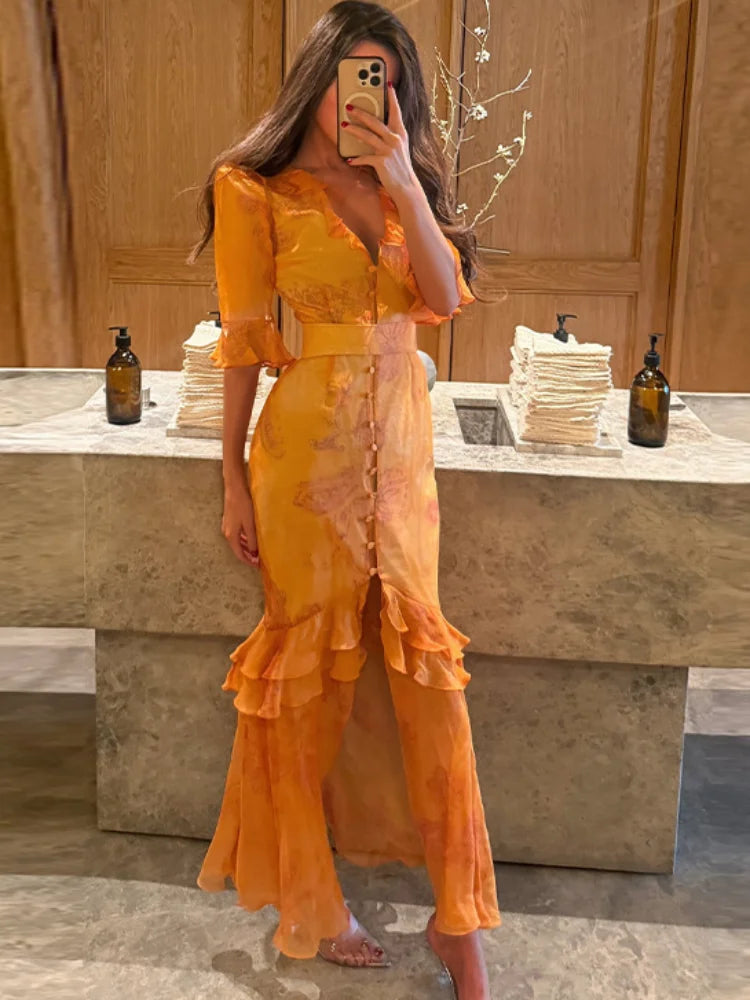 Pink Floral Print Slim Fit Dress Women Chic V-neck Ruffle Trim Flare Full Sleeves Ruched Slit Long Dresses Lady Elegant Wear New