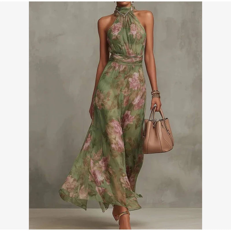 Pink Floral Print Slim Fit Dress Women Chic V-neck Ruffle Trim Flare Full Sleeves Ruched Slit Long Dresses Lady Elegant Wear New