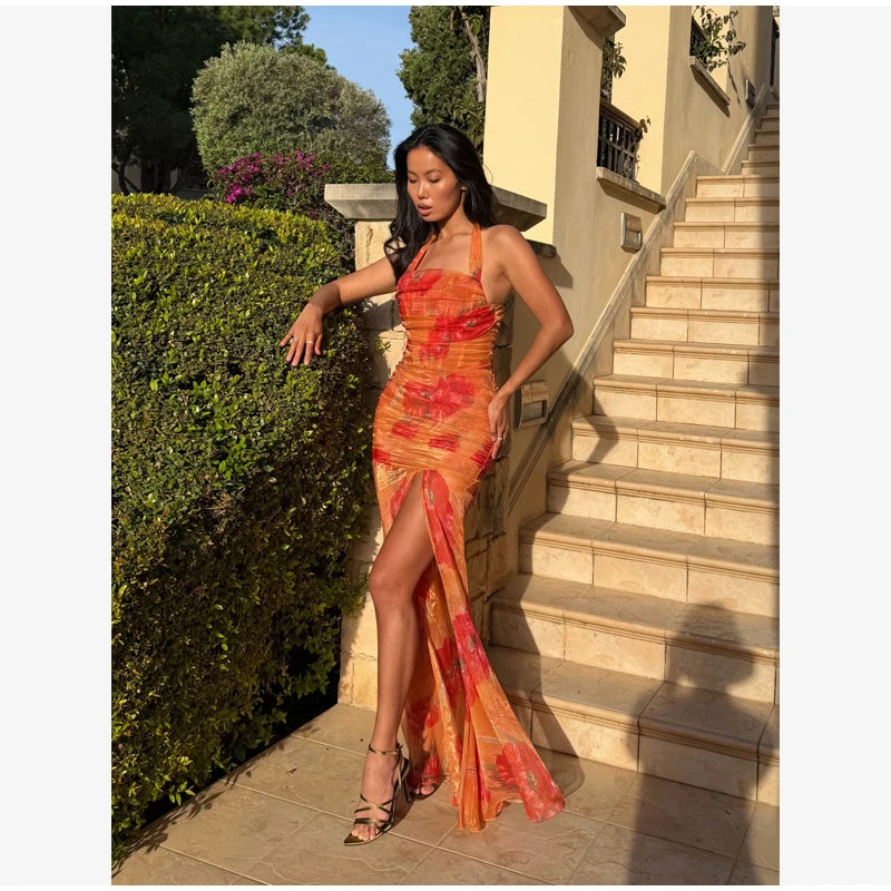 Flutter Sleeves Pleated Long Dress Women Chic Deep V-neck Floral Print Sexy Waist Cinching Vestidos Lady Holiday Street Dresses