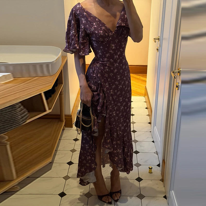 Elegant Printed Ruffles Long Women's Dress Asymmetric V-neck Flare Sleeve Slit Party Dresses 2026 Summer Floral Vacation Robes