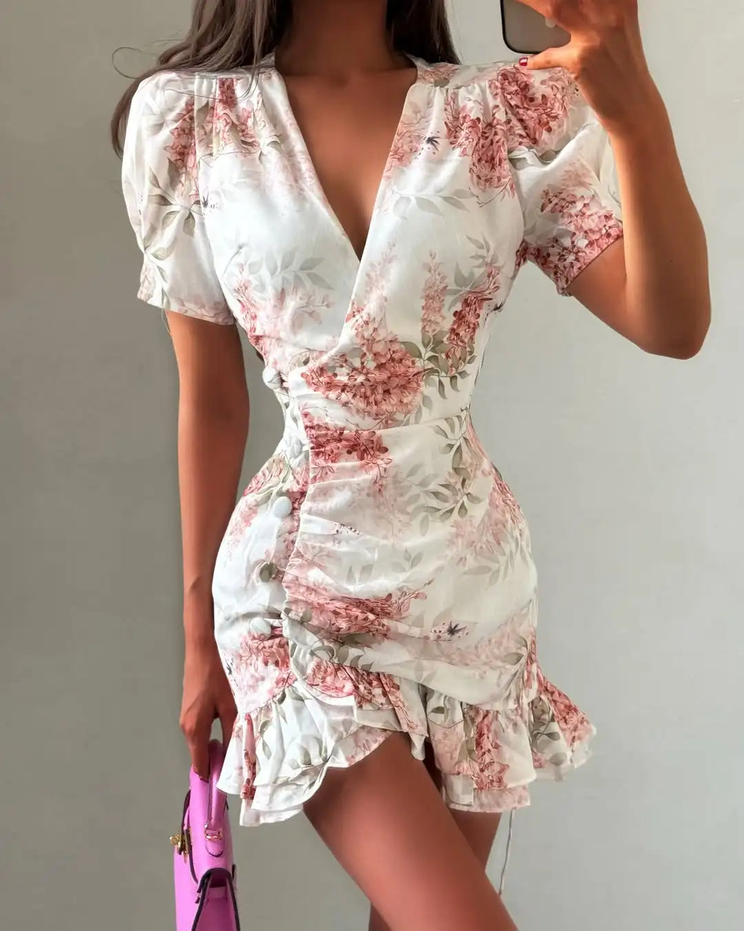 Elegant Print Low-cut Ruffle Short Dress Women V-neck Short-sleeved Waist Cinching Pleated Mini Dresses Lady Party Vestidos 2026