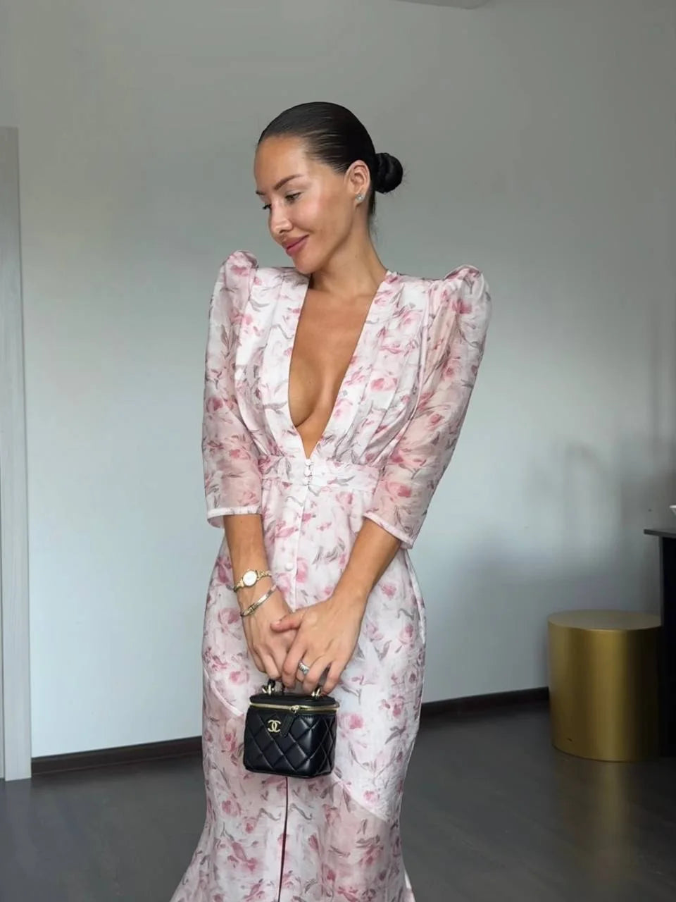 Elegant Printed Women's Dress Organza Deep V-neck Half Sleeved Waist Cinched Pleated Dresses 2026 Summer Lady Holiday Party Robe