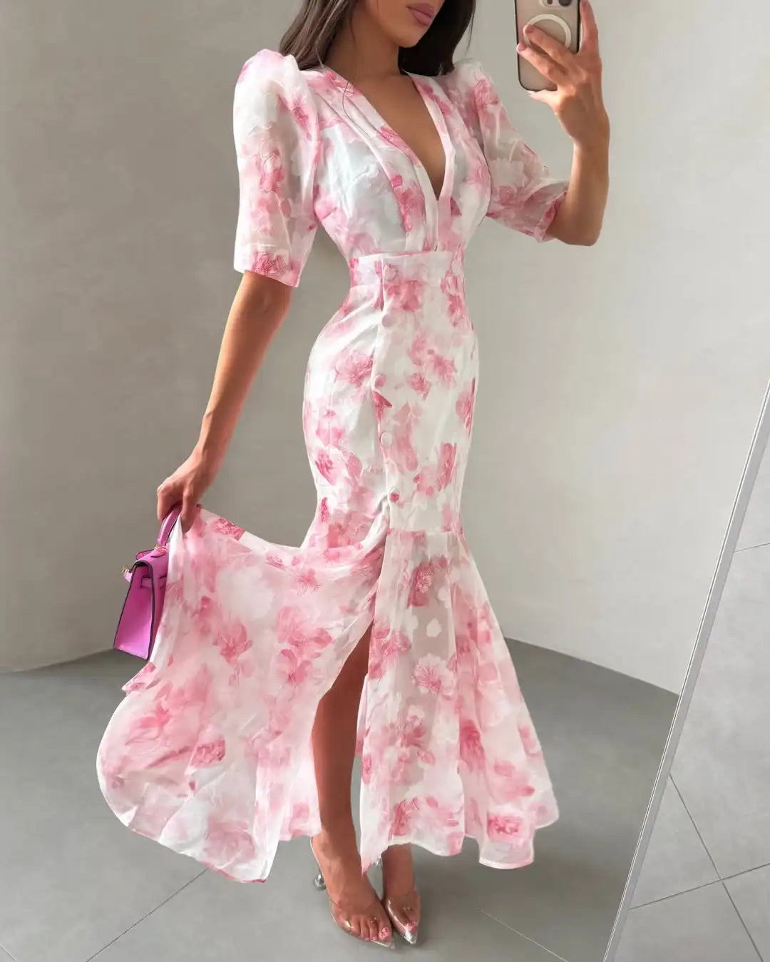 Padded Shoulder Ruffle Maxi Dress V-neck Low Slit Waist Cinching 2026 Springr Holiday Women Flowy Gown Chic Fashion Vestidoes