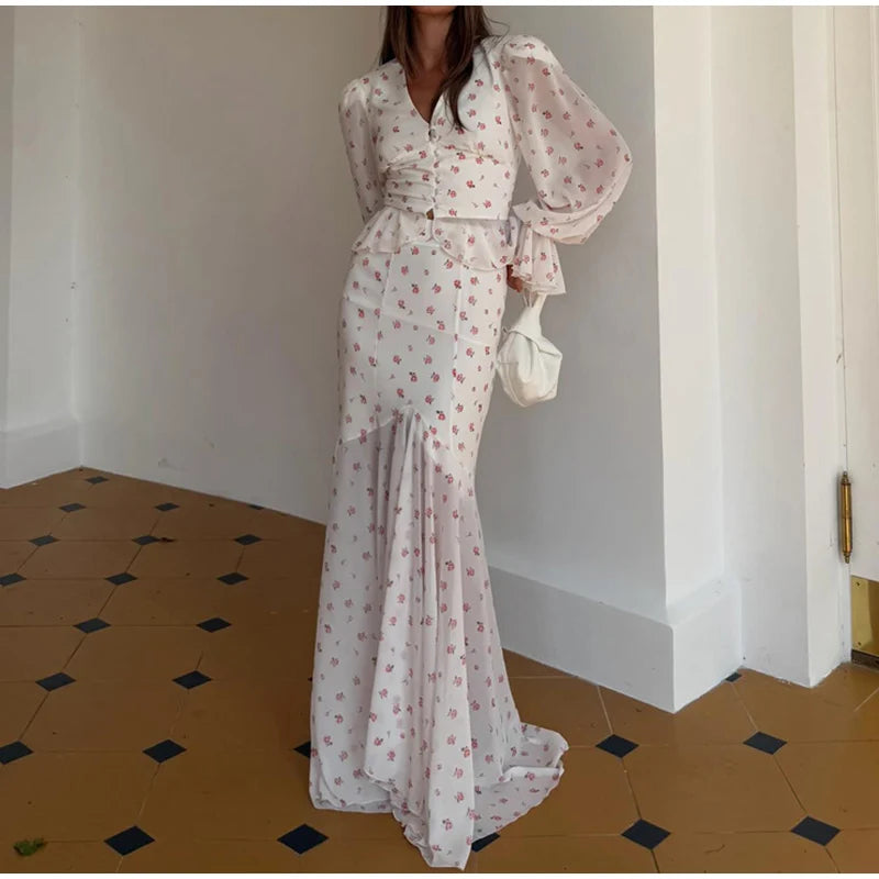 Floral Print V-Neck Flare Sleeve Mermaid Set Waist Cinched Ruffle Hem 2026 Summer Party Women Gown Retro Elegant Lady Vestido