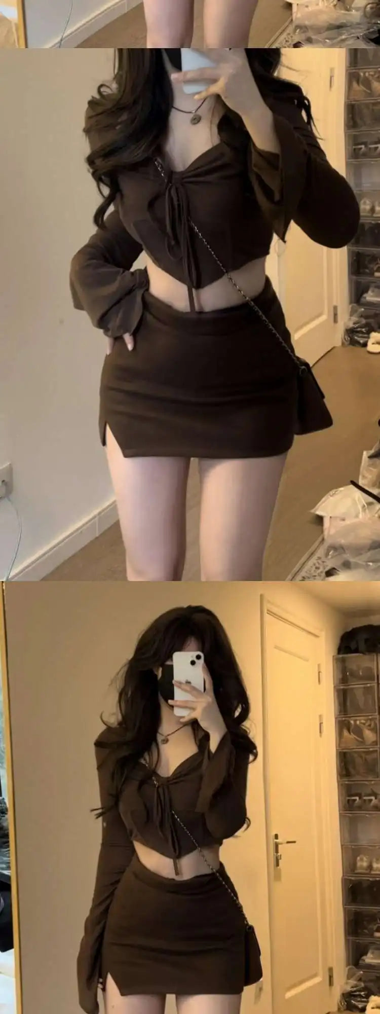 Sweet Pure Desire Short Size Set Drawstring Pleated Short Top And Skirt Two Piece Set for Small Women Casual Style Autumn Fas...