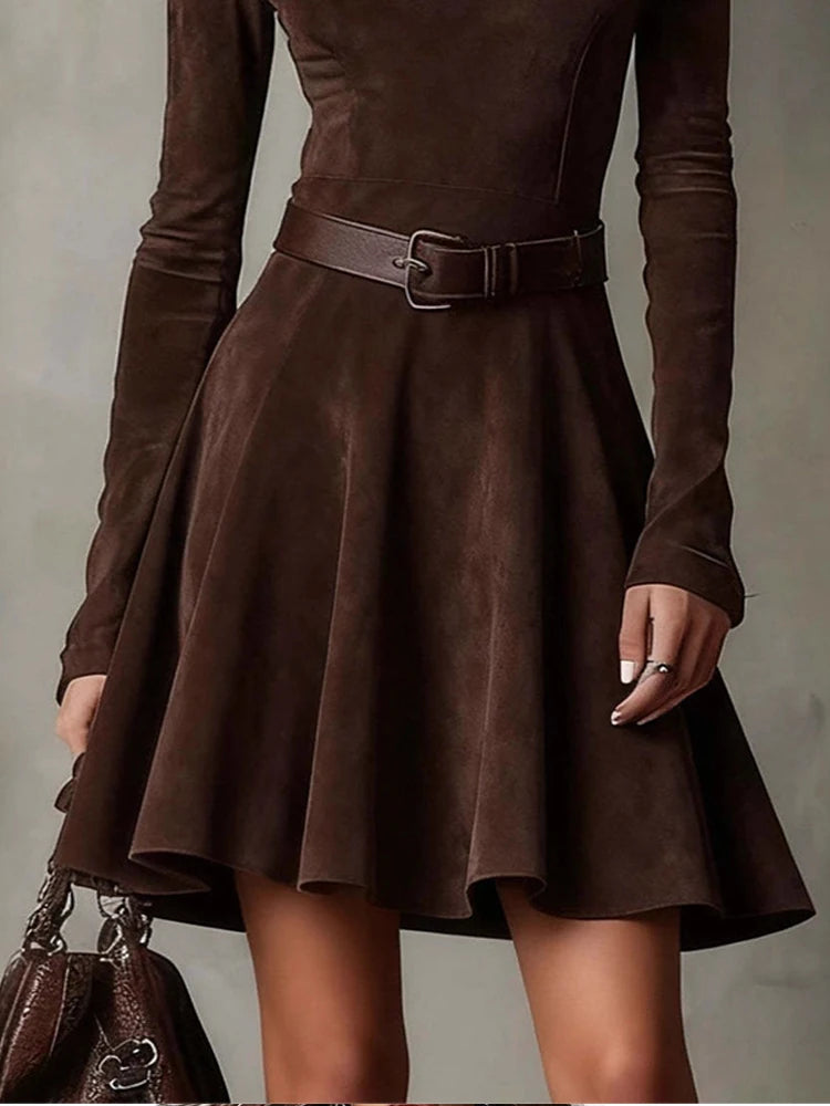 Vintage Half High Neck Long Sleeve Short Dress Women Fashion High Waist Pleasted Zipper Slim Dresses Female Autumn Chic Cloth