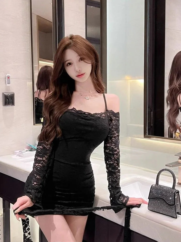 Sexy Pure Desire Lace Long Sleeve Bodycon Dress Women's Waist Cinched One Shoulder Short Skirt Tight Fit Base Layer Spring Su...