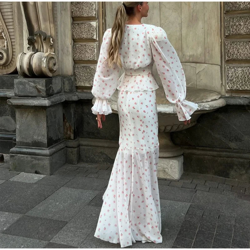 Floral Print V-Neck Flare Sleeve Mermaid Set Waist Cinched Ruffle Hem 2026 Summer Party Women Gown Retro Elegant Lady Vestido
