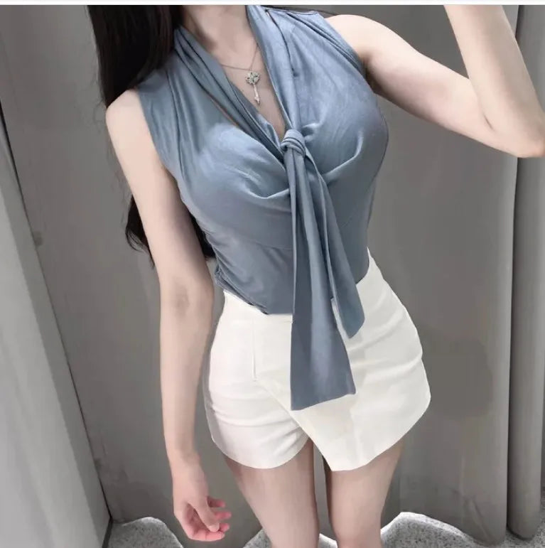 Dongda Gate Pure Desire Sexy Woman Flavor Sleeveless T-shirt Upper Body with Sash Ladylike Temperament Commuter Style Regular...