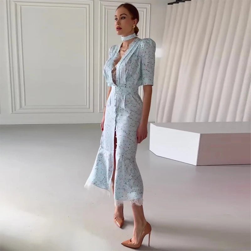 Pink Floral Print Slim Fit Dress Women Chic V-neck Ruffle Trim Flare Full Sleeves Ruched Slit Long Dresses Lady Elegant Wear New
