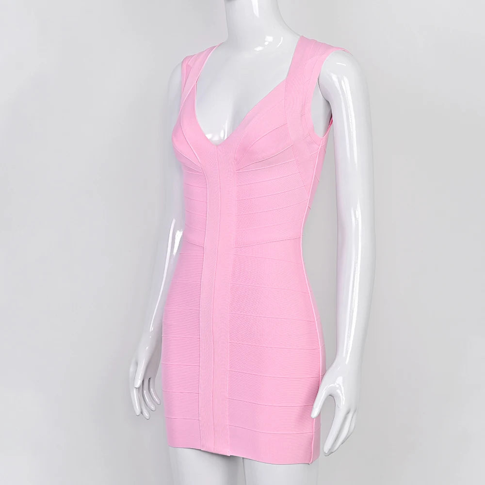 BEAUKEY Luxury Fashiong Trendy Pink Bandage Dress Plunge V Sexy Slim Evening Dresses Birthday Wedding Celebrity Lady Vestidos