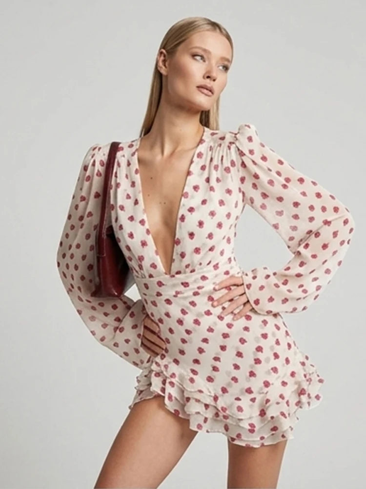 Elegant Print Low-cut Ruffle Short Dress Women V-neck Short-sleeved Waist Cinching Pleated Mini Dresses Lady Party Vestidos 2026