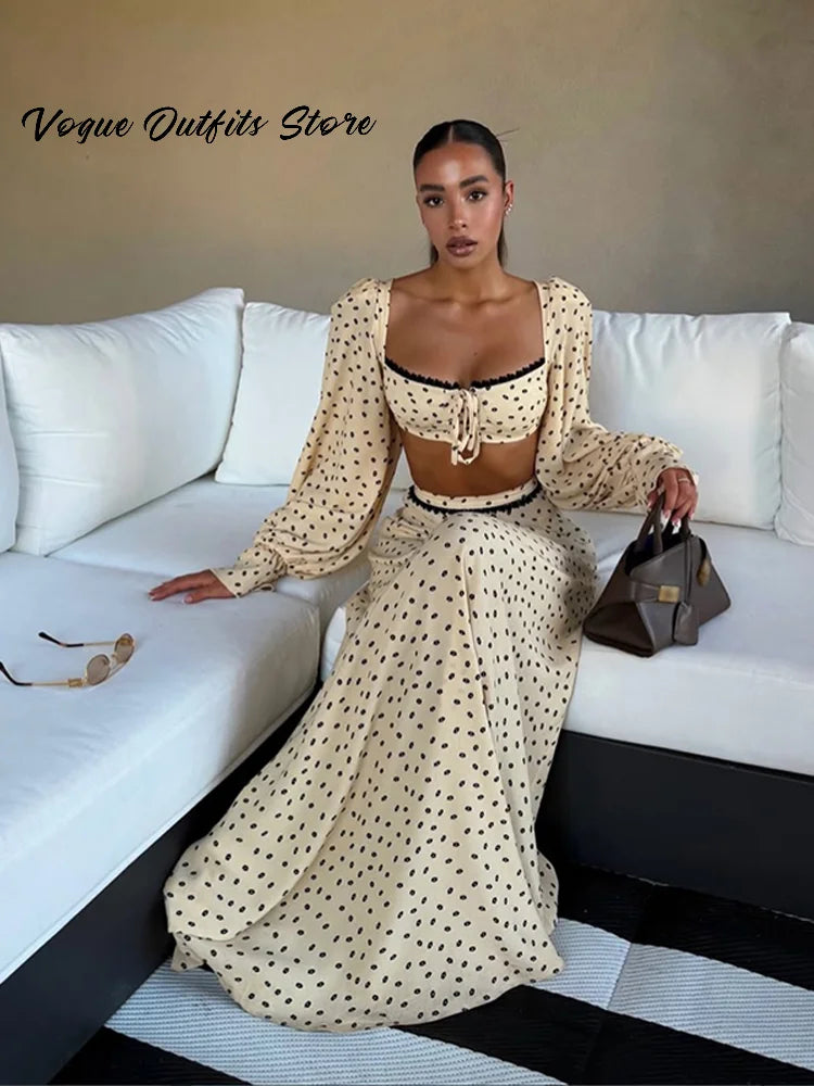Sexy Polka Dot Cropped Top Long Skirt Women Lantern Sleeve Slash Neck Lace Up Top Maxi Skirts 2026 Summer Lady Beach Outfits