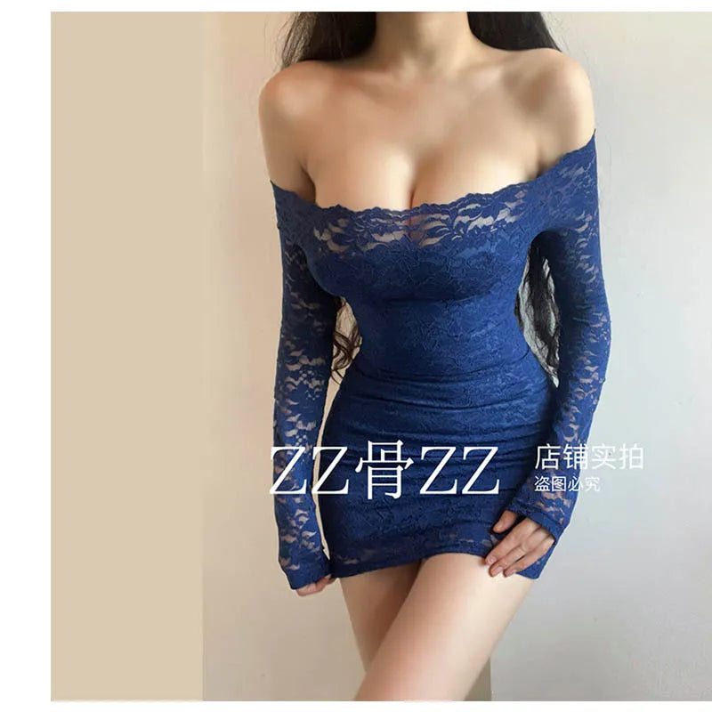 Blue Lace Mesh Slim Mini Dress Autumn New Style French Dress Elegant Feminine One Shoulder Slash Neck Lace Sexy Korean YRR6