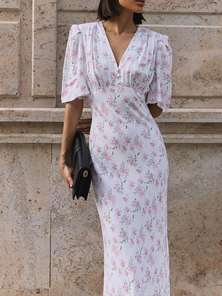 Summer Floral Printed V Neck Long Dress Women Elegant Short Sleeve High Waist Slim Maxi Dress Casual Street Party Lady Vestidos