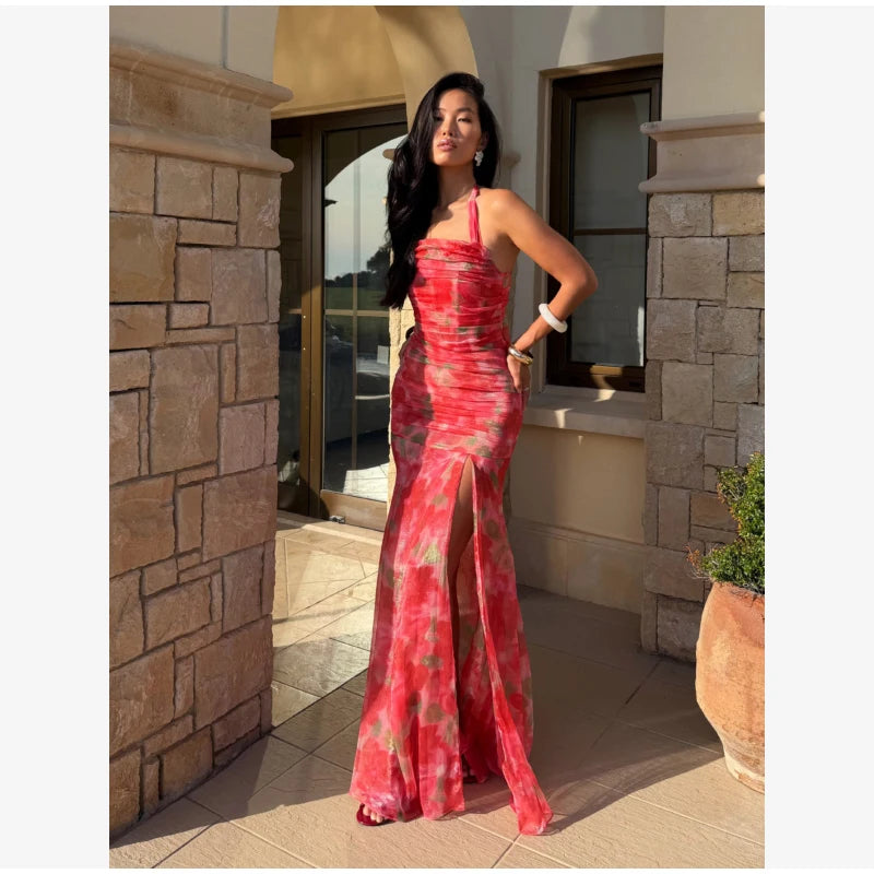 Flutter Sleeves Pleated Long Dress Women Chic Deep V-neck Floral Print Sexy Waist Cinching Vestidos Lady Holiday Street Dresses