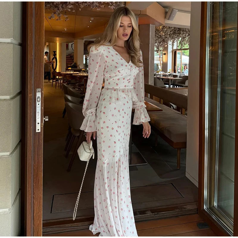 Floral Print V-Neck Flare Sleeve Mermaid Set Waist Cinched Ruffle Hem 2026 Summer Party Women Gown Retro Elegant Lady Vestido