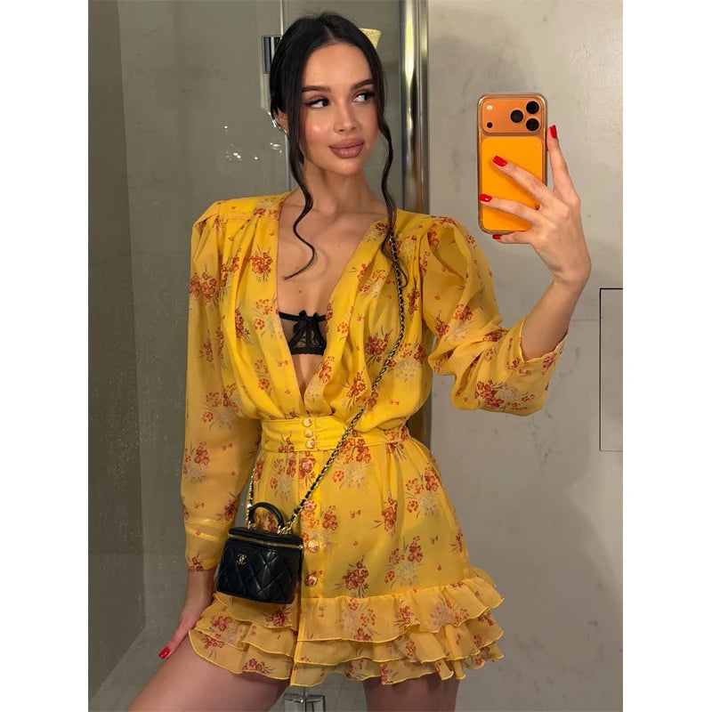 Elegant Print Low-cut Ruffle Short Dress Women V-neck Short-sleeved Waist Cinching Pleated Mini Dresses Lady Party Vestidos 2026