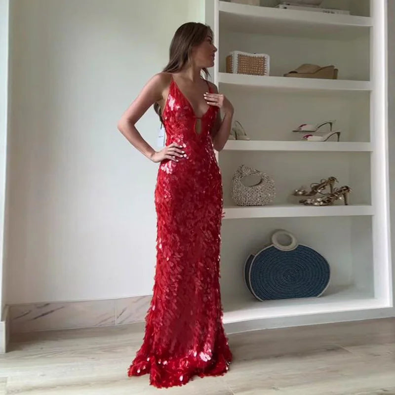 Fashion Sequined V Neck Sling Dress Women Evening Party Sleeveless Backless High Waist Maxi Dresses 2024 New Christmas Gown Robe