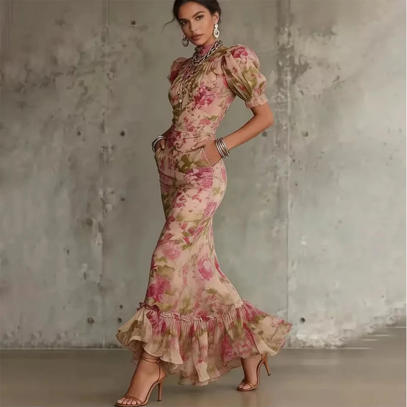 Pink Floral Print Slim Fit Dress Women Chic V-neck Ruffle Trim Flare Full Sleeves Ruched Slit Long Dresses Lady Elegant Wear New