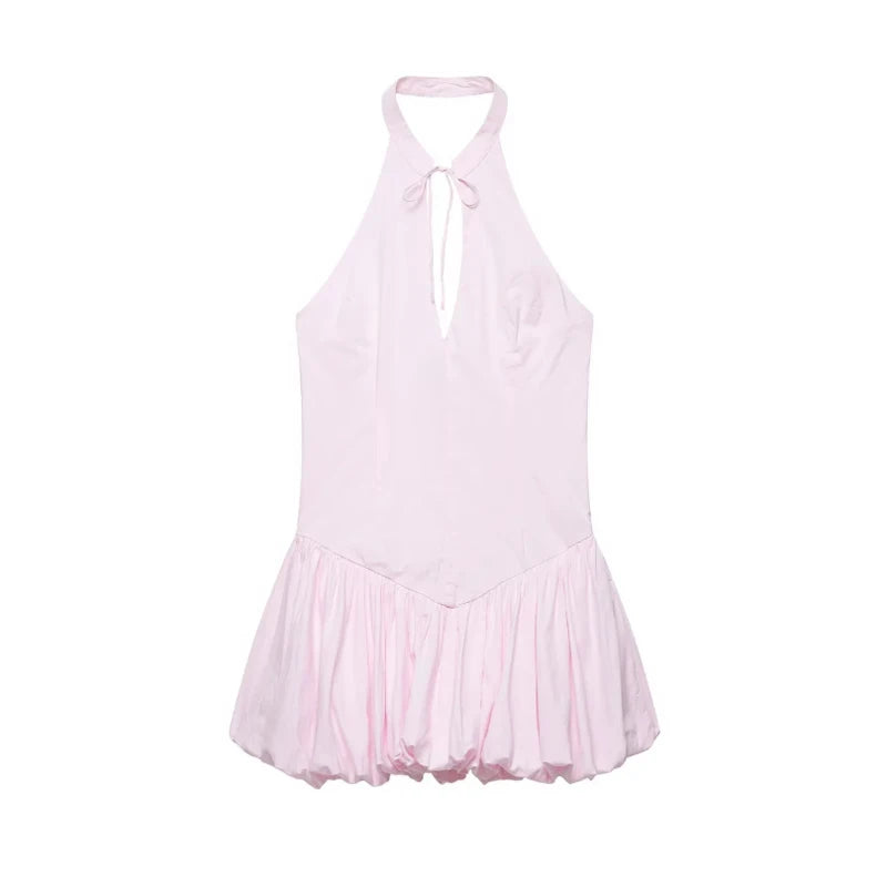Pink Chic Halter Mini Dress Lady Backless Off-shoulder Hollow Out Lace Up Pleated Bubble Vestidos Women Party Club Dresses