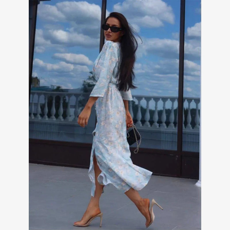 Women Orange Paisley Print Short Sleeve Maxi Dress Fashion V-neck Ruffle Trim Belted Slit Hem Dresses 2026 Lady Vacation Gown