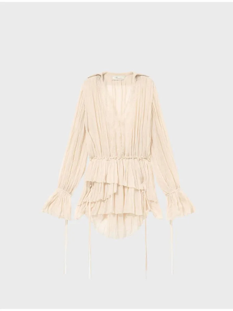 Elegant Beige Pleated Ruffle Mini Dresses Women Lace Trim V Neck Long Sleeve Boho Casual Boho Beach Dress Chic Daily Streetwear