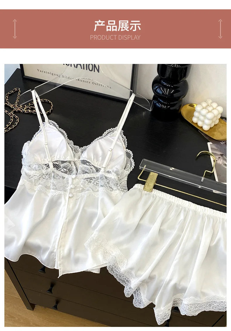 2PCS Women Lace Pajamas PJS Set Femme Satin Sleepwear Home Clothes Strap Camisole&Shorts Sleep Suit Summer V-Neck Lingerie