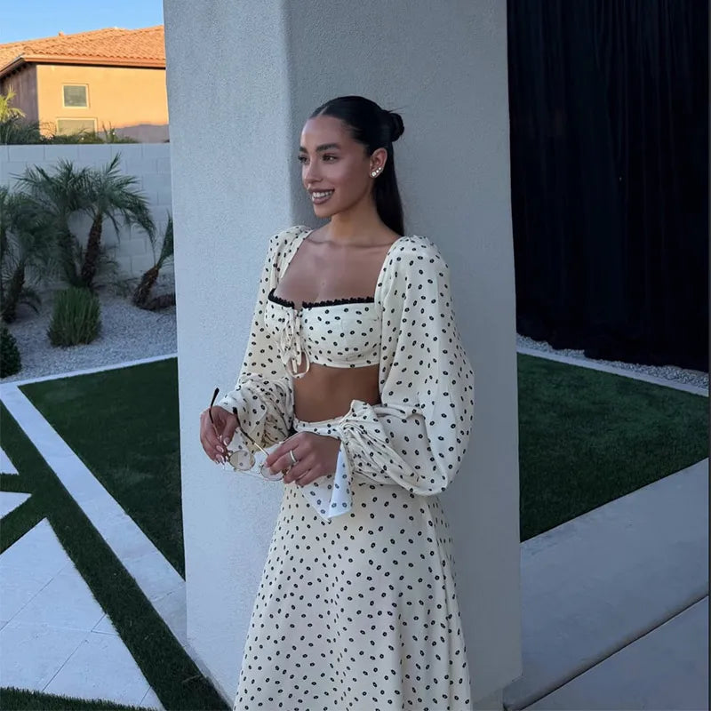 Sexy Polka Dot Cropped Top Long Skirt Women Lantern Sleeve Slash Neck Lace Up Top Maxi Skirts 2026 Summer Lady Beach Outfits