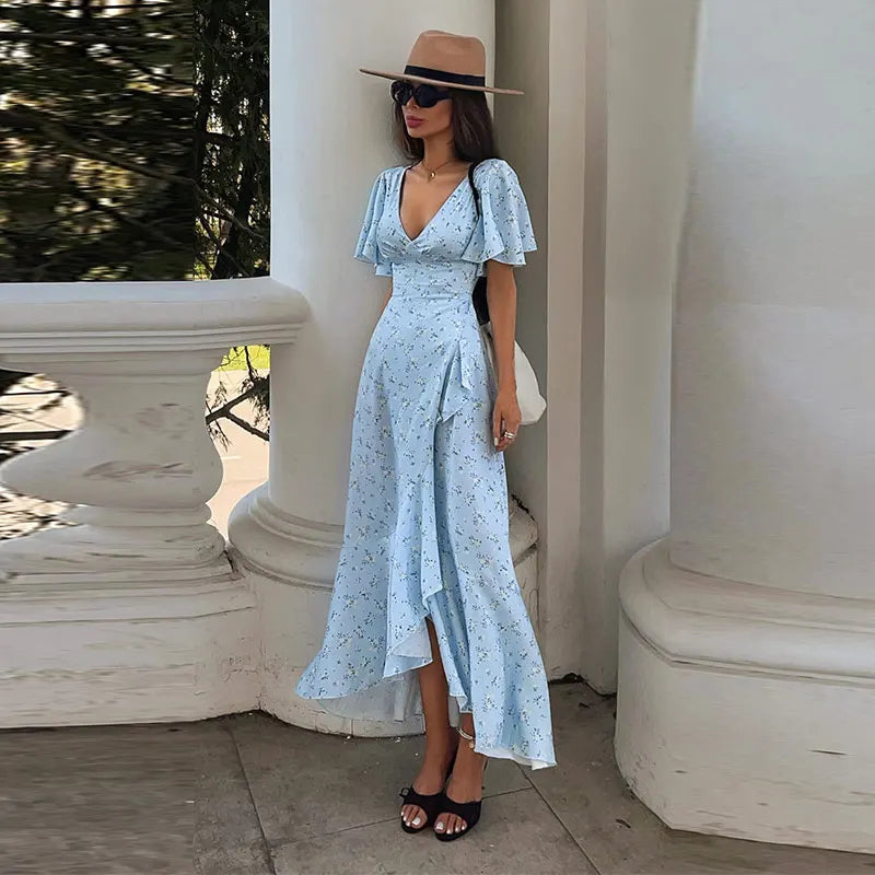 Elegant Printed Ruffles Long Women's Dress Asymmetric V-neck Flare Sleeve Slit Party Dresses 2026 Summer Floral Vacation Robes