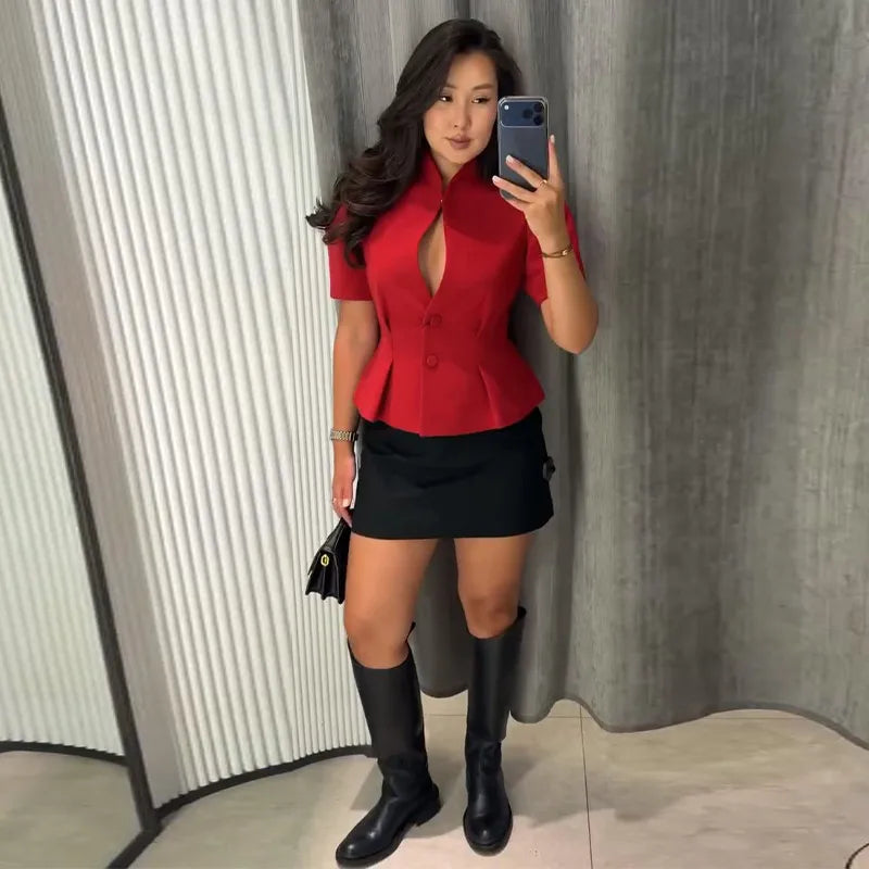 Casual Solid Hollow Out Tops Women Sexy Closed Waist Single Breasted Slim Short Sleeve Top Female 2026 Spring Summer Lady Shirts