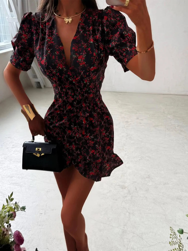 Elegant Print Low-cut Ruffle Short Dress Women V-neck Short-sleeved Waist Cinching Pleated Mini Dresses Lady Party Vestidos 2026