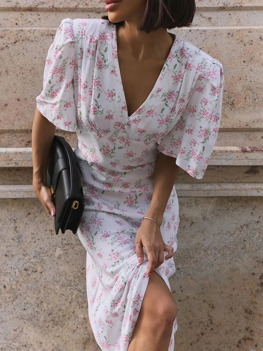 Summer Floral Printed V Neck Long Dress Women Elegant Short Sleeve High Waist Slim Maxi Dress Casual Street Party Lady Vestidos
