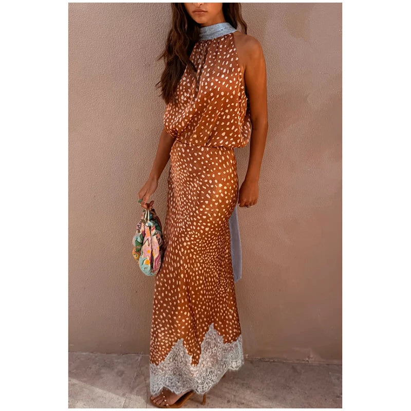 Women Orange Paisley Print Short Sleeve Maxi Dress Fashion V-neck Ruffle Trim Belted Slit Hem Dresses 2026 Lady Vacation Gown