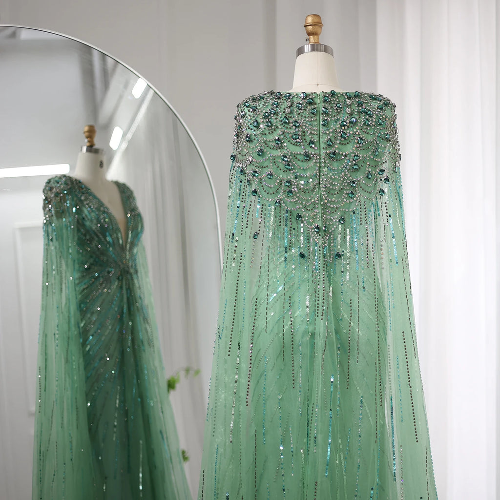 Sharon Said Luxury Dubai Sage Green Evening Dresses with Cape Fuchsia Crystal Gold Women Wedding Party Gowns SS399 Customized