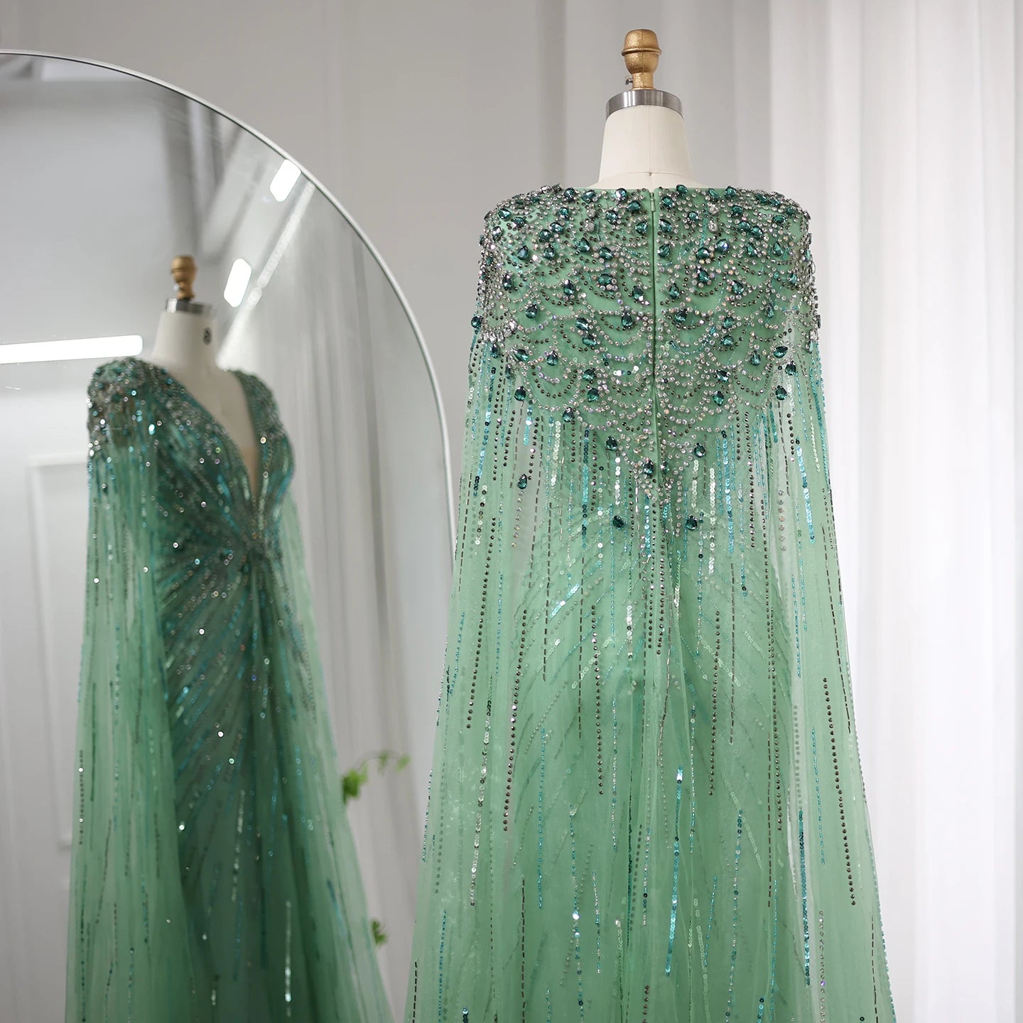 Sharon Said Luxury Dubai Sage Green Evening Dresses with Cape Fuchsia Crystal Gold Women Wedding Party Gowns SS399 Customized